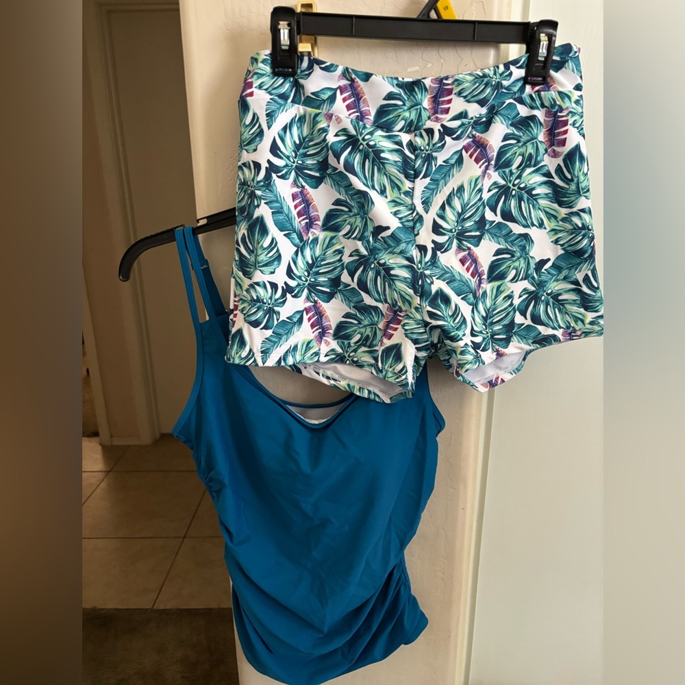 🍾NWT Eomenie Tropical Leaf Print Shorts and Blue Tankini Set, Size XL - Picture 4 of 9